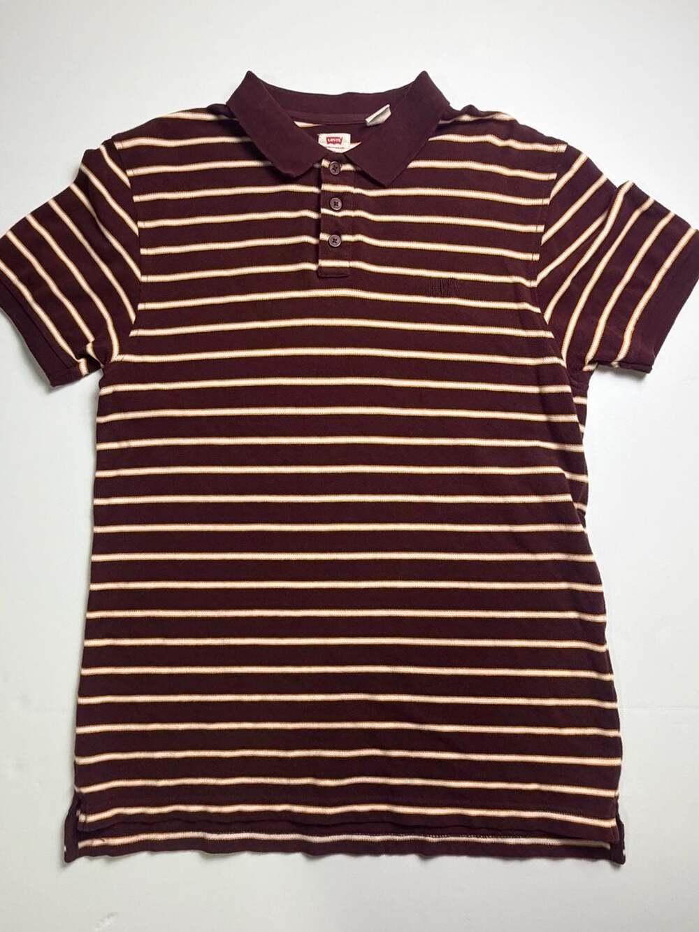 Levi’s Mens Medium Polo Shirt Burgundy White Striped Short Sleeve